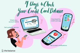 Image shows a woman on the phone, a laptop, and two iphones, one of which is receiving alerts. Text reads: "4 ways to check your credit card balance: check your account online, call customer service, download the credit card app, set up alert notifications"