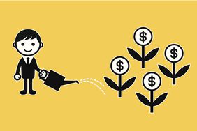 A illustration of a man with a watering can watering plants with dollar signs flowers to indicate the concept of growing savings