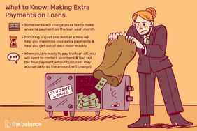 Custom illustration on what to know about making extra payments on loans. A woman is emptying a sack of money into a safe marked 'student loans'. 