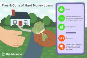 Image shows one hand handing money to another, in front of a suburban home.