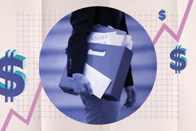Custom illustration of person holding layoff paperwork against a background of a line graph with dollar signs