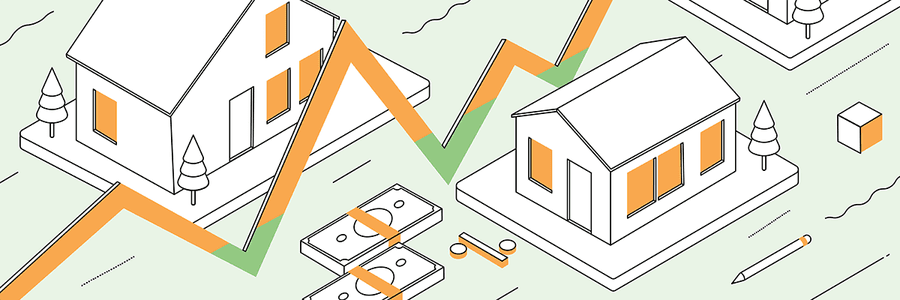 white, green, and orange illustration of houses, dollar bills, and a line graph 