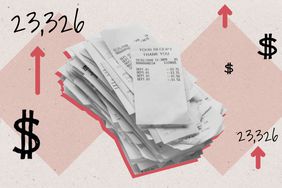Custom artwork shows dollar signs on a red and pink background with arrows pointing up. The top left and bottom right say "23,326" and the center is an image of a pile of store receipts.
