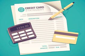 Illustration of a credit card statement, pen, calculator, and credit card to determine if minimum payment should be paid