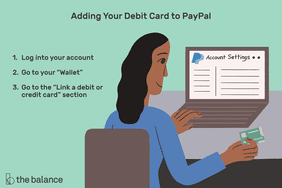 Image shows a woman at her computer working on paypal and holding a credit card. Text reads: "Adding your debit card to paypal: log into your account; go to your 'wallet'; go to the 'link a debit or credit card' section"