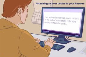 Attaching a cover letter to your resume. Man sitting at a desk, on his computer it reads in a word document: "I am writing to express my interest in the author's assistant role you posted on Monster.com...