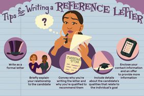 This illustration features tips for writing a reference letter, including "Write as a formal letter," "Briefly explain your relationship to the candidate," "Convey why you're writing the latter and why you're qualified to recommend them," "Include details about the candidate's qualities that relate to the individual's goal," and "Enclose your contact information and an offer to provide more information."