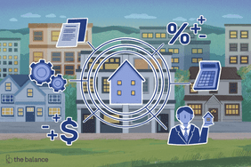 Custom illustration showing a house with various symbols representing parts of the homebuying process 