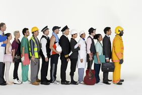 Workers in various fields lined up waiting