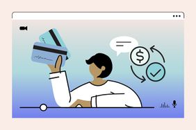 illustration of person on video screen holding credit cards, surrounded by money symbols