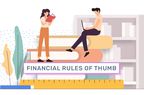 graphic showing two people on top of stack of books with a ruler and pencil. the words "financial rules of thumb" are in the middle