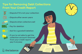 Image shows a woman looking over papers and working on a calculator, taking notes as she goes. Text reads: "Tips for removing debt collections from your credit report: dispute if it's not your collection; dispute after seven years; dispute when collectors sell; pay for deletion; ask for a goodwill deletion' if you're not able to get the collection account removed from your credit report, pay it anyway"