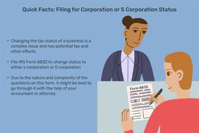 illustration of a person filling out a form 8832 in front of a businessperson. the text on the illustration describes quick facts about filing for a corporation or s corporation status.