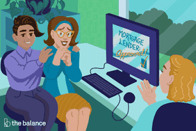 Image shows an interracial, queer couple looking elated as a mortgage lender tells them that they're approved for a mortgage. On the computer screen between them it reads: "Mortgage lender: approved!"