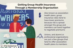 Image shows two people speaking over a table; one person is asking for information from the other. Headline reads, "What to Know: Getting Group Health Insurance Through a Membership Organization," while the text reads, "Group insurance rates have lower premiums because the risk is spread out among a group of members, making it a better option than individual health insurance; Association health plans allow members of a group or profession to band together in order to negotiate better premiums for their members (don't necessarily need to be under same employer); Unions, alumni associations, and professional organizations are a few membership groups that provide benefits to members"