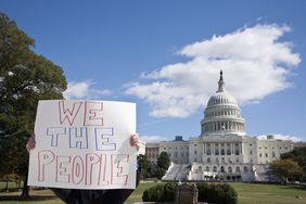A person holding a placard in front of the US Capitol Building
