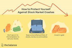 Image shows how to protect yourself against stock market crashes. Don’t give in to the temptation to sell your stocks Keep a diversified portfolio of stocks, bonds, and commodities Invest in gold